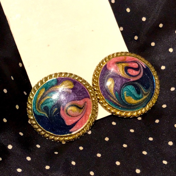 Vintage Colourful Swirl Costume Earrings - Picture 2 of 6